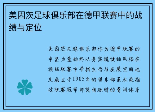美因茨足球俱乐部在德甲联赛中的战绩与定位